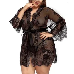 Women's Sleepwear 2 Pieces Lingerie Female Sexy Pajamas Transparent Bra String Suit Bathrobe