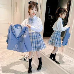 衣類セットJKユニフォーム3PCS女子学校制服子供の子供衣装子供スーツプレッピーフルスリーブシャツプリーツスカートとコート