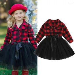 Girl Dresses FOCUSNORM 1-6Y Toddler Kids Girls Xmas Dress Flannel Plaid Print Patchwork Long Sleeve Mesh Lace Tulle