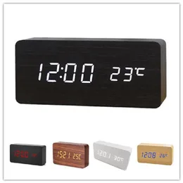 Multi-função led despertador de madeira temperatura controle de som pouca luz noturna display eletrônico desktop digital clock302o