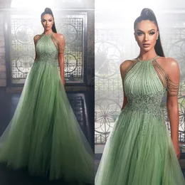 Modern Evening Dresses Halter Prom Gowns Rhinestone Beaded Tassel A Line Custom Made Party Dresses Plus Size