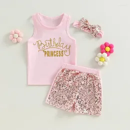 衣料品セットフォーカスノーム2-7Y夏の幼児の女の子の誕生日服の服を袖のない文字プリントタンクトップスパンコールショートパンツヘッドバンド