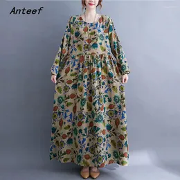Casual Dresses Anteef Long Sleeve Cotton Vintage Floral For Women Loose Woman Summer Spring Autumn Dress Elegant Clothing 2024