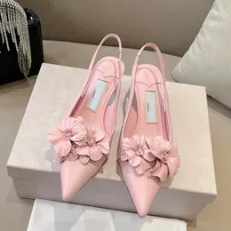 Blumen-High-Heels-Slingbacks, 4,5/6,5 cm, Damen-Kleiderschuhe, Feenmädchen-Designer-Pumps, spitze Zehen, echtes Leder, Damen-Sandalen, Hochzeit, Brautschuhe, Top-Spiegelqualität