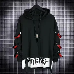 Moletom com capuz masculino casual preto hoodies topos techwear hip hop harajuku retalhos japonês streetwear masculino com streamers topo 240125