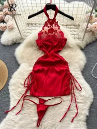 Kadın pijama tekerlesi chaongsam shapewear seksi kısa gece elbise içi boş bandaj bölünmüş pijamalar kadın saten birleştirilmiş şehvetli ince