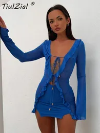 Casual Dresses TiulZial Mesh Long Sleeve Summer Beach Sexy Dress Ruffle Bandage Deep V Club Party Short Bodycon Women Outfits 2024 See