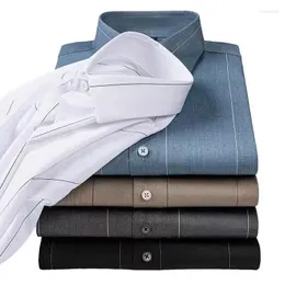 Camisas casuais masculinas moda listra fibra de bambu manga longa primavera verão estiramento macio negócios magro não engomar anti rugas camisa