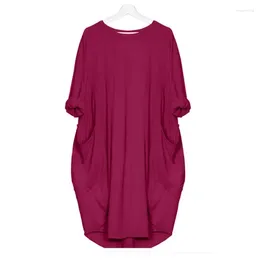 Casual Dresses Autumn Solid Color Dress Women 2024 Fahsion Pocket O Neck Long Sleeve Loose Vintage Female Plus Size Midi