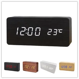 Multifunktion LED trä Alarmklocka Temperaturljud Kontroll Little Night Light Display Electronic Desktop Digital Clock252e