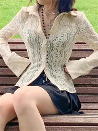 Blusas femininas mulheres moda coreana camisas manga comprida lapela botão para baixo renda ver através de tops e outono fairycore y2k roupas