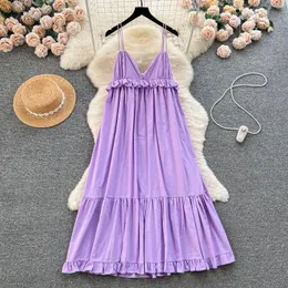Vestidos casuais pano terras femininas elegantes vestido lilás plufle v pescoço de espaghetti tiras sem mangas uma peça de praia desgaste midi vestido qd436