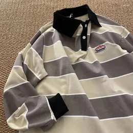 Kadın Tişörtleri Sonbaharda Kadın Çizgili Polo Sweatshirt 2024 Retro Harajuku Sıradan Gevşek Uzun Kollu T-Shirts Hip Hop Büyük Boy