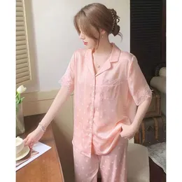 Lenceria Women s Sleepwear Spring Summer Pyjamas for Women Short Sleeve Lace Casual Home Wear Clothing Lapel Top Pant kostym Bekväm Pijama 929