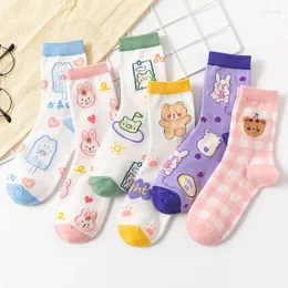 Women Socks Animal Print Harajuku Kawaii Rabbit Bear Design Cute Abstract Oil Painting Korean Style Art Creative Sokken