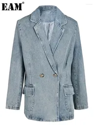 Kvinnorjackor Eam Blue Denim Big Size Vintage Jacket Löst fit Lapel Långärmad Kvinnor Fashion Tide Spring Autumn 2024 25x01667