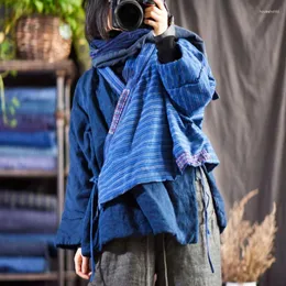 Женские тренчи Johnature, женские винтажные синие парки в стиле пэчворк, цветной пояс 2024, зимнее теплое плотное женское хлопково-льняное пальто с v-образным вырезом