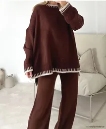 Kadınlar İki Parçalı Pantolon 2024 Sonbahar ve Kış Moda Düz Renk Sıradan Gevşek İki Parçalı Set Kadın Kazak 2 Set Kadın Kıyafetleri