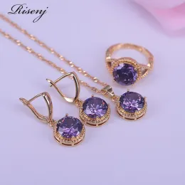 Rings Risenj Many Colors Purple Crystal 18K Gold Jewelry Set For Women Earrings Ring Necklace Set Adjustable ring Bridal Jewelry