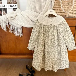 Kız Elbise Deer Jonmi 2024 Sonbahar Kore tarzı kız bebek çiçek baskılı elbise uzun kollu dantel yaka çocuklar rahat