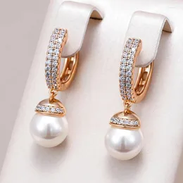 Kolczyki Dangle Kinel Luxury 585 Rose Gold Kolor Pearl Drop For Women Unikalne naturalne akcesoria cyrkonu Bridal Wedding Jewelry 2024