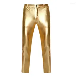 Ternos masculinos de motocicleta, calças de couro pu, marca skinny brilhante revestida de ouro, calças metálicas, boate, palco, performance para cantores
