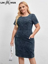 Vestidos casuais básicos LIH HUA feminino plus size vestido jeans único e elegante vestido de verão adequado para mulheres gordinhas vestido de algodão J240130