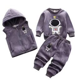 Baby pojkar kläder sätter höst vinter tjock fleece astronaut huva västrockbyxor 3 st för barn avslappnade kläder flickor varm kostym 240131