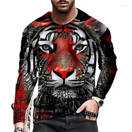 Homens camisetas 3D Impresso Tigre Padrão Homens O Pescoço Manga Longa Moda Casual T-shirt Top Moletom Respirável Streetwear Solto Tees