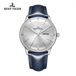 Relógios de pulso 2021 Reef Tiger RT Vestido Relógios para Homens Azul Banda De Couro Convexa Lente Branco Dial Automático RGA82381227G