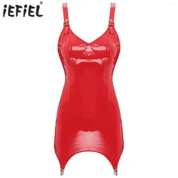 캐주얼 드레스 여성 Bodycon Tight Mini Dress Glossy Patent Leather Sexy Latex Club Garter Clips Back 지퍼 레이브 파티 클럽웨어