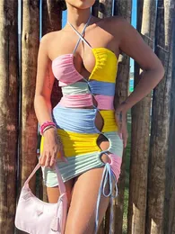 الفساتين غير الرسمية hirigin double patchwork patchwork Jersey Bodycon Mini Dress Fremal Celebrity Festival Party Clothing Sexy Rave Nightclub