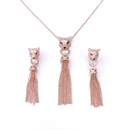Mode wilde übertriebene luxuriöse Halskette Leopardenkopf Quasten voller Diamanten Ohrring Party Geburtstagsgeschenk Designer Schmuck Sets PKC036