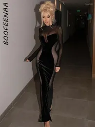 Sıradan Elbiseler Boofeenaa Patchwork Velvet Mesh Parti Kadınları Bakın Akşam Elbise Zarif Seksi Uzun Kol Bodycon Maxi Elbise C92DB34