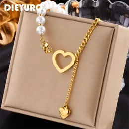 Pendant Necklaces DIEYURO 316L Stainless Steel Pearl Cutout Heart Long Necklace For Women Punk Street Trend Neck Chain Jewelry Party Gifts