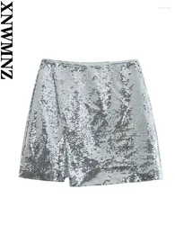 Röcke XNWMNZ 2024 Frauen Mode Silber Pailletten Split Rock Frau High Street Retro Taille Weibliche Chic Mini