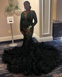 Emerald Green Sparkly Aso Ebi Prom Dresses for Women Luxury elequins headique black girl evening birdgin