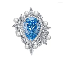 Klusterringar 2024 925 Silver Importerad högkol diamant Sea Blue Treasure 11 15mm Water Drop Embedding Pearl Ring