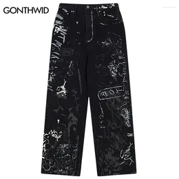 Mäns jeans hip hop svart y2k män graffiti tryck rak bred baggy lös denim pants streetwear 2024 harajuku mode punk byxor