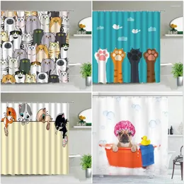 Cortinas de chuveiro gato impresso cortina dos desenhos animados adorável animal urso poliéster à prova dwaterproof água pendurado banheiro banheira decoração com ganchos