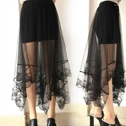 Skirts Women High Waisted Lined Double Layered Scalloped Lace Trim Midi Long Skirt Solid Color Irregular Breathable Dropship