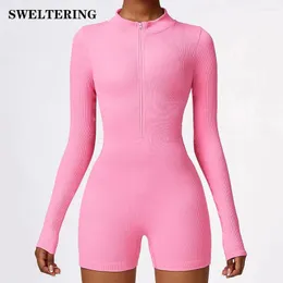 Active Sets Zipper Long Sleeve Yoga Clothes Ribbed Sportswear Women Jumpsuit Gym Push Up Workout Fitness Sports Stretch Bodysuit Set