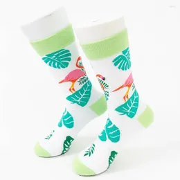 Meias masculinas Myored 1 par de algodão com flamingos verdes desenhos animados padrão bonito para casal moda tubo médio