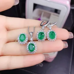 Halskette, Smaragd-Ohrring und Ring-Halskette für Damen, echtes 925er-Sterlingsilber, grüner Stein, Hochzeitsschmuck-Set