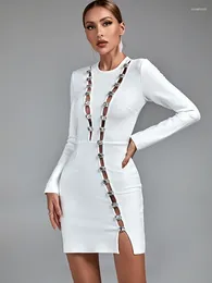 Casual Kleider Kristall Langarm Verband Kleid Frauen Weiß Bodycon Abend Party Elegante Sexy Geburtstag Club Outfits 2024 Herbst Winter