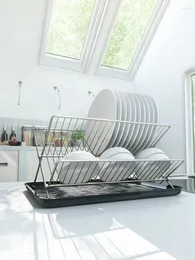 Armazenamento de cozinha doméstico x dobrável prato rack duplo grande escorredor bancada oraganizer com captura pan aço inoxidável
