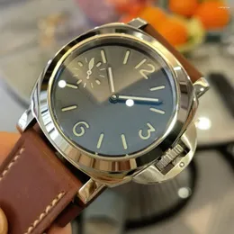 Relógios de pulso 44mm mão de aço inoxidável relógio mecânico sanduíche mostrador preto números brancos tianjin gaivota st3600 movimento coroa de rolamento de esferas