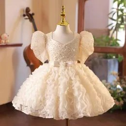 2024 Flower Girl Bridesmaid Pageant Lace Toddler Girls Gowns Pearls First Communion Dress Princess Children Wedding Birthday Dresses 403