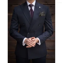 Men's Suits STEVDITG Gorgeous Navy Blue Double Breasted Flat Peaked Lapel Formal Business Prom Party Blazer 2 Piece Jacket Pants