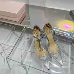 Mach Crystal Bow Heels Rhinestone süslemeli elbise ayakkabıları ayak ayak bileği kayış deri taban 9.5 cm yüksekliğinde stiletto topuk pompalar ayakkabı kadınlar lüks tasarımcılar ayakkabı